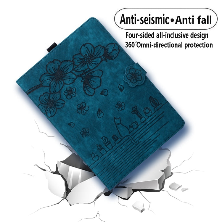 For Samsung Galaxy Tab S9 FE+ Cartoon Sakura Cat Embossed Leather Tablet Case(Blue) by buy2fix