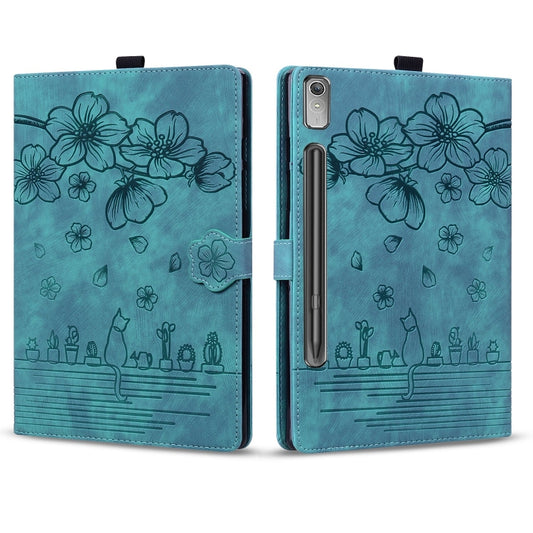 For Lenovo Tab P12 12.7 Cartoon Sakura Cat Embossed Leather Tablet Case(Green) by buy2fix
