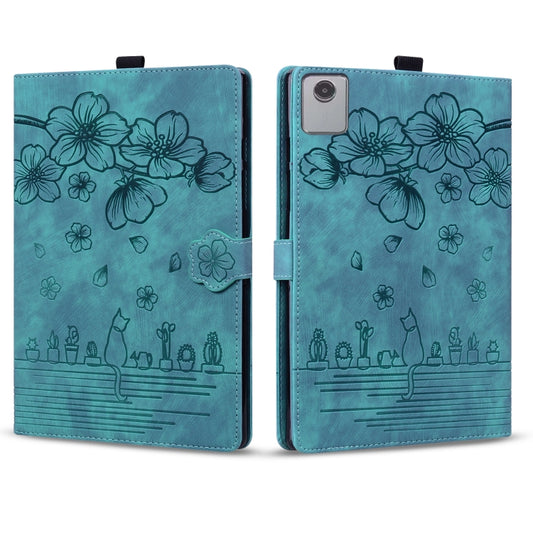 For Lenovo Tab M11 / Xiaoxin Pad 11 2024 Cartoon Sakura Cat Embossed Leather Tablet Case(Green) by buy2fix