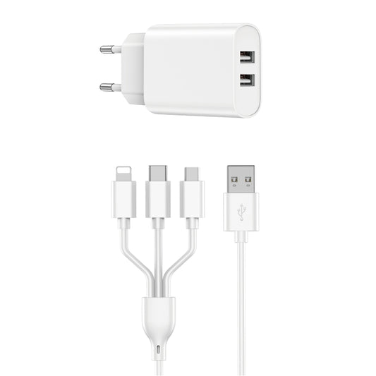 WIWU Wi-U003 Quick Series Dual USB Charger with 3 in 1 USB Charging Data Cable Set, EU Plug(White) - USB Charger by WIWU | Online Shopping UK | buy2fix