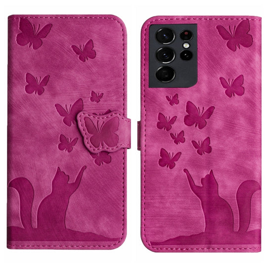 For Samsung Galaxy S21 Ultra 5G Butterfly Cat Embossing Flip Leather Phone Case(Pink)