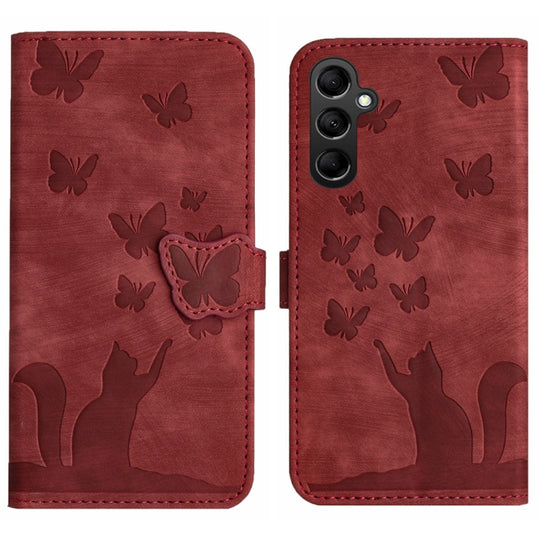 For Samsung Galaxy S24 5G Butterfly Cat Embossing Flip Leather Phone Case(Red)