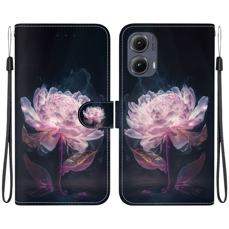 For Motorola Edge 2024 Crystal Texture Colored Drawing Leather Phone Case(Purple Peony) - Motorola Cases by buy2fix | Online Shopping UK | buy2fix