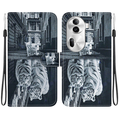 For OPPO Reno11 Pro 5G Global Crystal Texture Colored Drawing Leather Phone Case(Cat Tiger Reflection) - Reno11 Pro Cases by buy2fix | Online Shopping UK | buy2fix