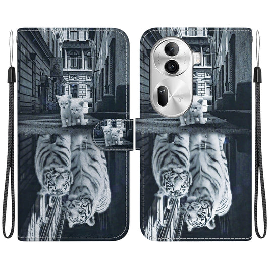 For OPPO Reno11 Pro 5G Global Crystal Texture Colored Drawing Leather Phone Case(Cat Tiger Reflection) - Reno11 Pro Cases by buy2fix | Online Shopping UK | buy2fix