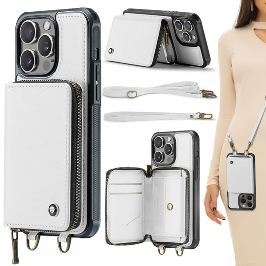 For iPhone 15 Pro Max JEEHOOD C22 Series Zipper Wallet Leather Phone Case with Dual Lanyard(White)
