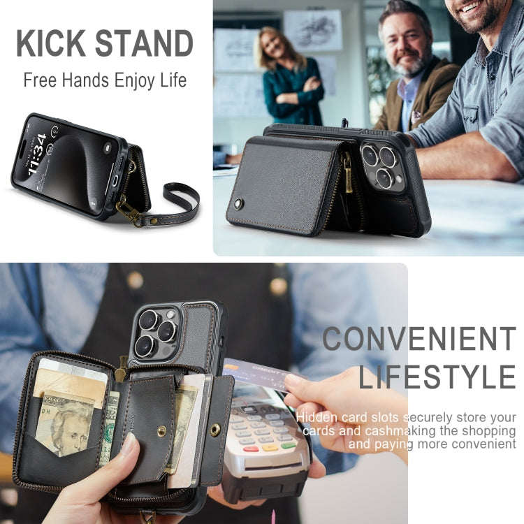 For iPhone 15 Pro JEEHOOD C22 Series Zipper Wallet Leather Phone Case with Dual Lanyard(Black) - iPhone 15 Pro Cases by JEEHOOD | Online Shopping UK | buy2fix