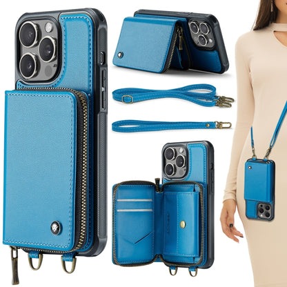 For iPhone 15 Pro JEEHOOD C22 Series Zipper Wallet Leather Phone Case with Dual Lanyard(Blue) - iPhone 15 Pro Cases by JEEHOOD | Online Shopping UK | buy2fix