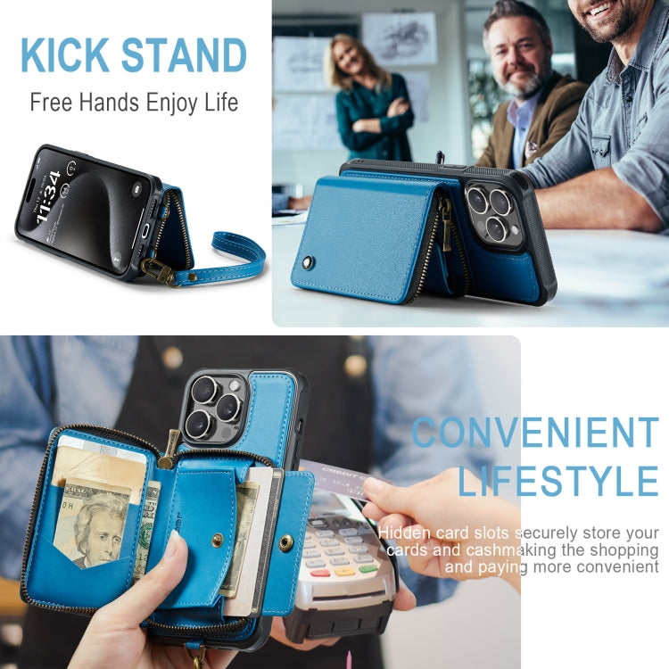 For iPhone 15 Pro JEEHOOD C22 Series Zipper Wallet Leather Phone Case with Dual Lanyard(Blue) - iPhone 15 Pro Cases by JEEHOOD | Online Shopping UK | buy2fix