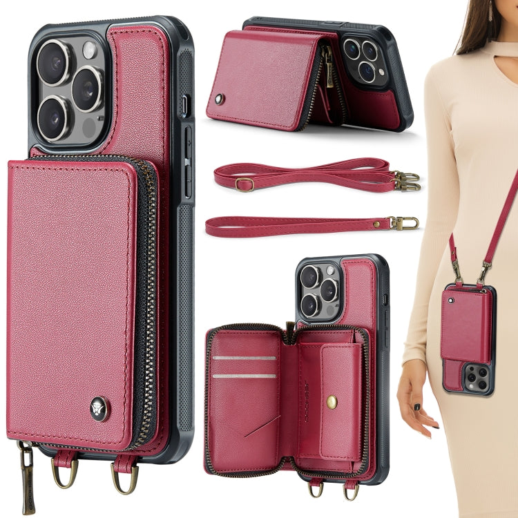 For iPhone 15 Pro JEEHOOD C22 Series Zipper Wallet Leather Phone Case with Dual Lanyard(Red) - iPhone 15 Pro Cases by JEEHOOD | Online Shopping UK | buy2fix