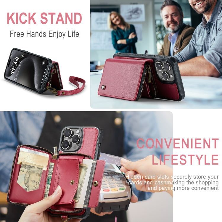 For iPhone 15 Pro JEEHOOD C22 Series Zipper Wallet Leather Phone Case with Dual Lanyard(Red) - iPhone 15 Pro Cases by JEEHOOD | Online Shopping UK | buy2fix