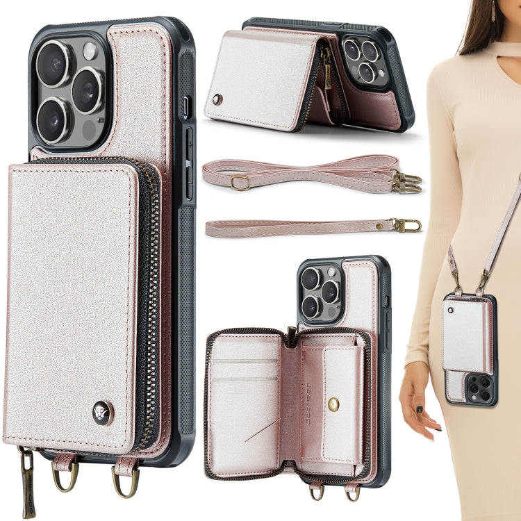 For iPhone 15 Pro JEEHOOD C22 Series Zipper Wallet Leather Phone Case with Dual Lanyard(Rose Gold) - iPhone 15 Pro Cases by JEEHOOD | Online Shopping UK | buy2fix