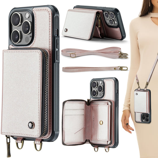 For iPhone 15 Pro JEEHOOD C22 Series Zipper Wallet Leather Phone Case with Dual Lanyard(Rose Gold) - iPhone 15 Pro Cases by JEEHOOD | Online Shopping UK | buy2fix