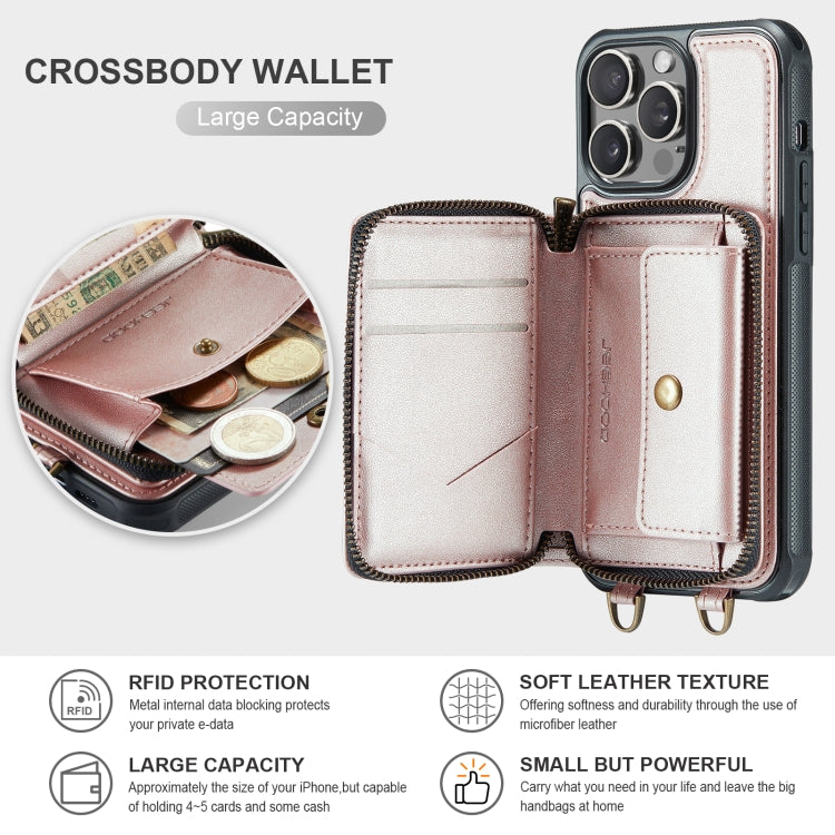 For iPhone 15 Pro JEEHOOD C22 Series Zipper Wallet Leather Phone Case with Dual Lanyard(Rose Gold) - iPhone 15 Pro Cases by JEEHOOD | Online Shopping UK | buy2fix