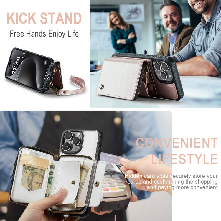 For iPhone 15 Pro JEEHOOD C22 Series Zipper Wallet Leather Phone Case with Dual Lanyard(Rose Gold) - iPhone 15 Pro Cases by JEEHOOD | Online Shopping UK | buy2fix