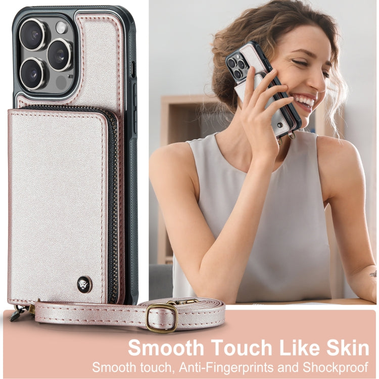 For iPhone 15 Pro JEEHOOD C22 Series Zipper Wallet Leather Phone Case with Dual Lanyard(Rose Gold) - iPhone 15 Pro Cases by JEEHOOD | Online Shopping UK | buy2fix