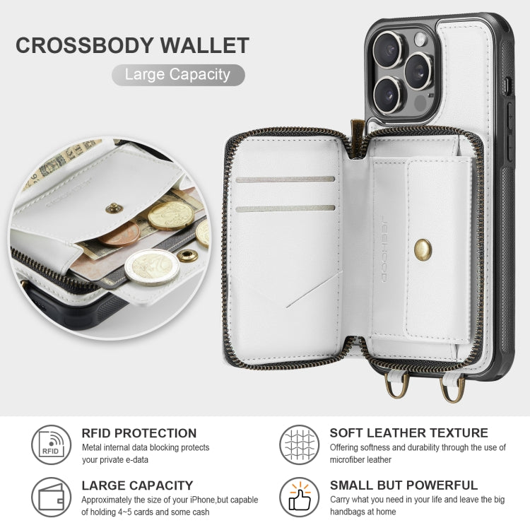 For iPhone 15 Pro JEEHOOD C22 Series Zipper Wallet Leather Phone Case with Dual Lanyard(White) - iPhone 15 Pro Cases by JEEHOOD | Online Shopping UK | buy2fix