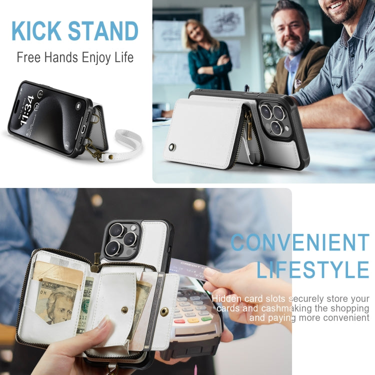 For iPhone 15 Pro JEEHOOD C22 Series Zipper Wallet Leather Phone Case with Dual Lanyard(White) - iPhone 15 Pro Cases by JEEHOOD | Online Shopping UK | buy2fix