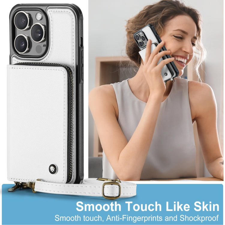 For iPhone 15 Pro JEEHOOD C22 Series Zipper Wallet Leather Phone Case with Dual Lanyard(White) - iPhone 15 Pro Cases by JEEHOOD | Online Shopping UK | buy2fix