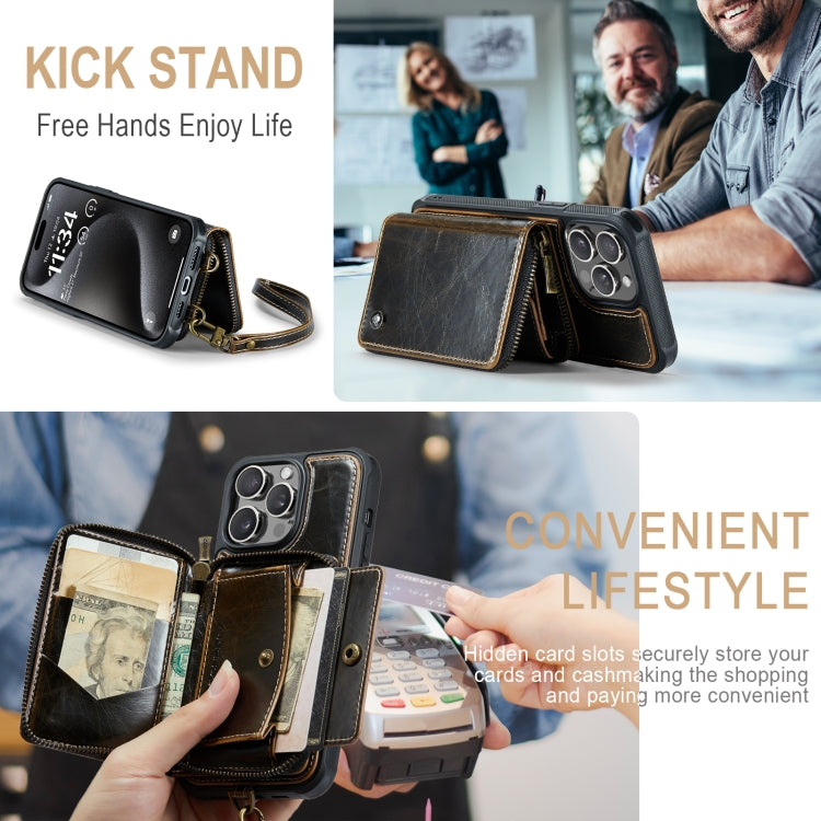 For iPhone 15 Pro JEEHOOD C22 Series Zipper Wallet Leather Phone Case with Dual Lanyard(Coffee) - iPhone 15 Pro Cases by JEEHOOD | Online Shopping UK | buy2fix