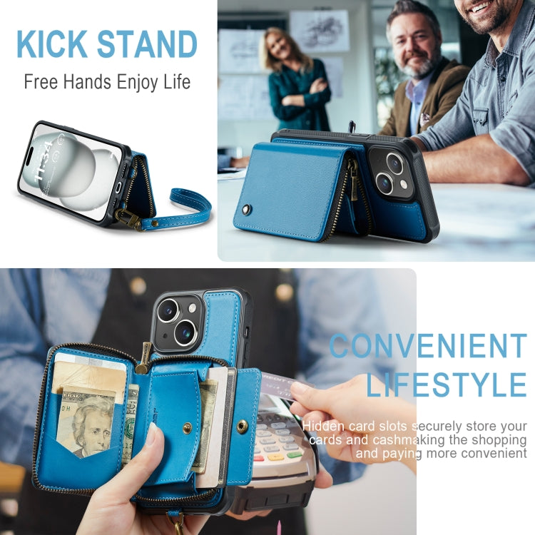 For iPhone 15 Plus JEEHOOD C22 Series Zipper Wallet Leather Phone Case with Dual Lanyard(Blue) - iPhone 15 Plus Cases by JEEHOOD | Online Shopping UK | buy2fix