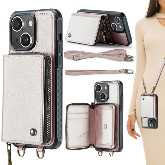 For iPhone 15 Plus JEEHOOD C22 Series Zipper Wallet Leather Phone Case with Dual Lanyard(Rose Gold) - iPhone 15 Plus Cases by JEEHOOD | Online Shopping UK | buy2fix