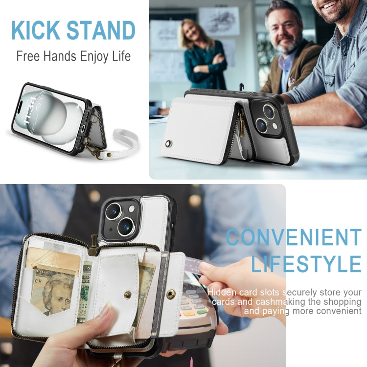 For iPhone 15 Plus JEEHOOD C22 Series Zipper Wallet Leather Phone Case with Dual Lanyard(White) - iPhone 15 Plus Cases by JEEHOOD | Online Shopping UK | buy2fix