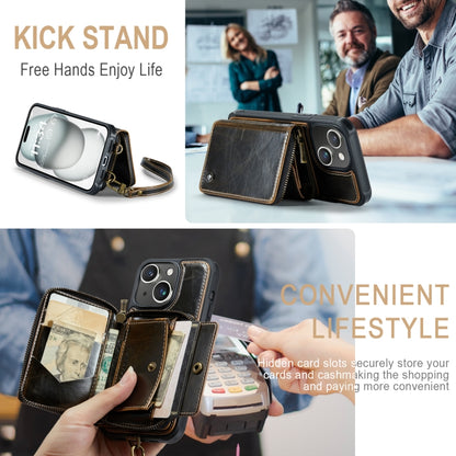 For iPhone 15 Plus JEEHOOD C22 Series Zipper Wallet Leather Phone Case with Dual Lanyard(Coffee) - iPhone 15 Plus Cases by JEEHOOD | Online Shopping UK | buy2fix