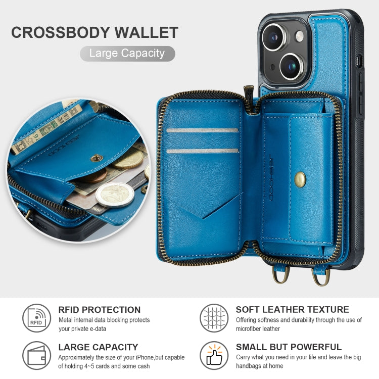 For iPhone 15 JEEHOOD C22 Series Zipper Wallet Leather Phone Case with Dual Lanyard(Blue) - iPhone 15 Cases by JEEHOOD | Online Shopping UK | buy2fix