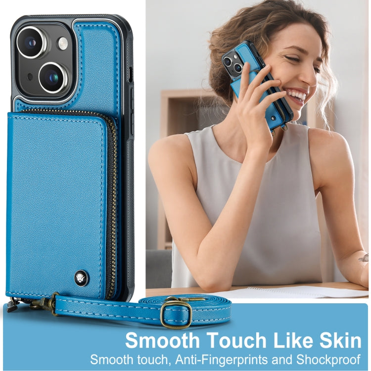 For iPhone 15 JEEHOOD C22 Series Zipper Wallet Leather Phone Case with Dual Lanyard(Blue) - iPhone 15 Cases by JEEHOOD | Online Shopping UK | buy2fix