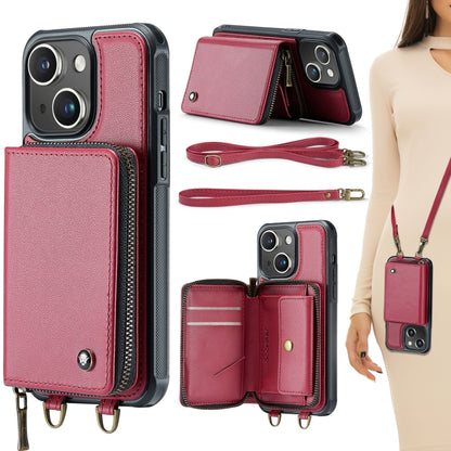 For iPhone 15 JEEHOOD C22 Series Zipper Wallet Leather Phone Case with Dual Lanyard(Red) - iPhone 15 Cases by JEEHOOD | Online Shopping UK | buy2fix