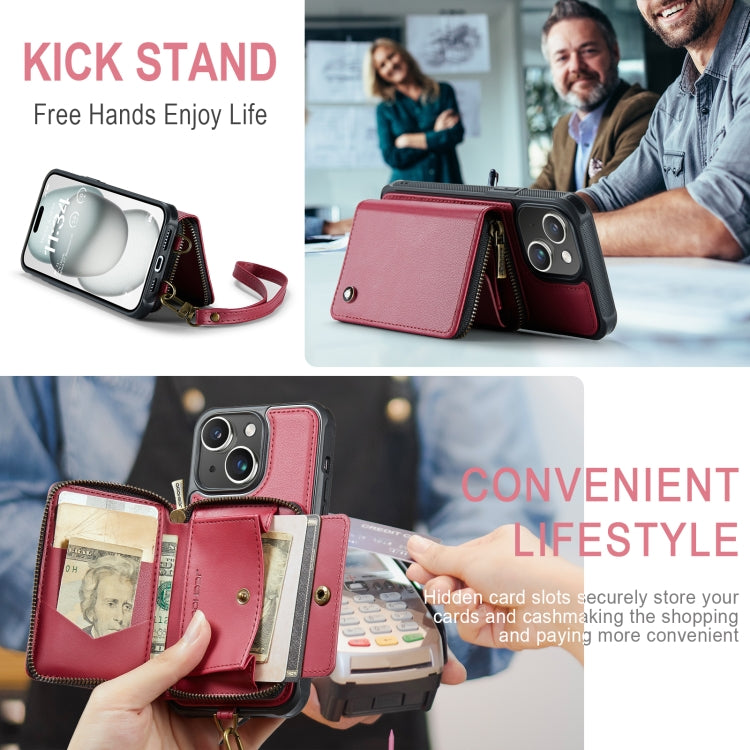 For iPhone 15 JEEHOOD C22 Series Zipper Wallet Leather Phone Case with Dual Lanyard(Red) - iPhone 15 Cases by JEEHOOD | Online Shopping UK | buy2fix