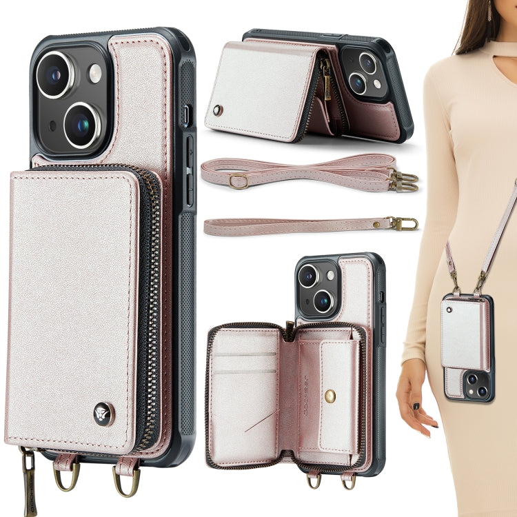 For iPhone 15 JEEHOOD C22 Series Zipper Wallet Leather Phone Case with Dual Lanyard(Rose Gold) - iPhone 15 Cases by JEEHOOD | Online Shopping UK | buy2fix