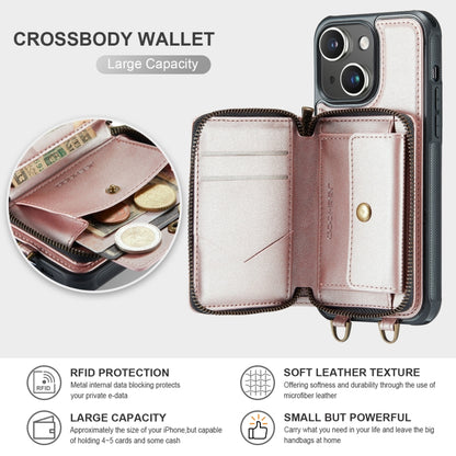 For iPhone 15 JEEHOOD C22 Series Zipper Wallet Leather Phone Case with Dual Lanyard(Rose Gold) - iPhone 15 Cases by JEEHOOD | Online Shopping UK | buy2fix
