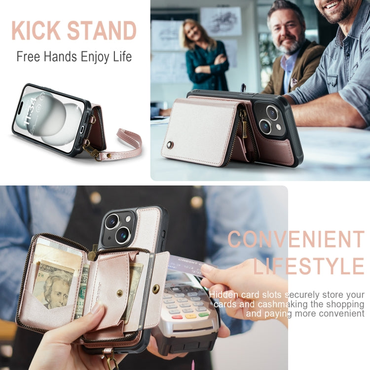 For iPhone 15 JEEHOOD C22 Series Zipper Wallet Leather Phone Case with Dual Lanyard(Rose Gold) - iPhone 15 Cases by JEEHOOD | Online Shopping UK | buy2fix