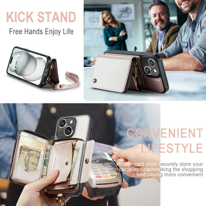 For iPhone 15 JEEHOOD C22 Series Zipper Wallet Leather Phone Case with Dual Lanyard(Rose Gold) - iPhone 15 Cases by JEEHOOD | Online Shopping UK | buy2fix