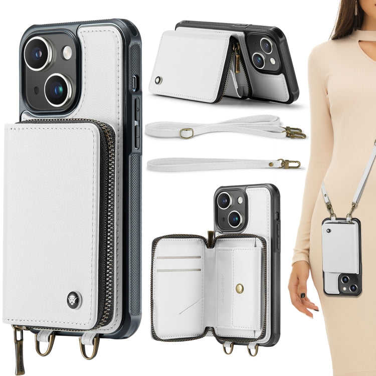 For iPhone 15 JEEHOOD C22 Series Zipper Wallet Leather Phone Case with Dual Lanyard(White) - iPhone 15 Cases by JEEHOOD | Online Shopping UK | buy2fix
