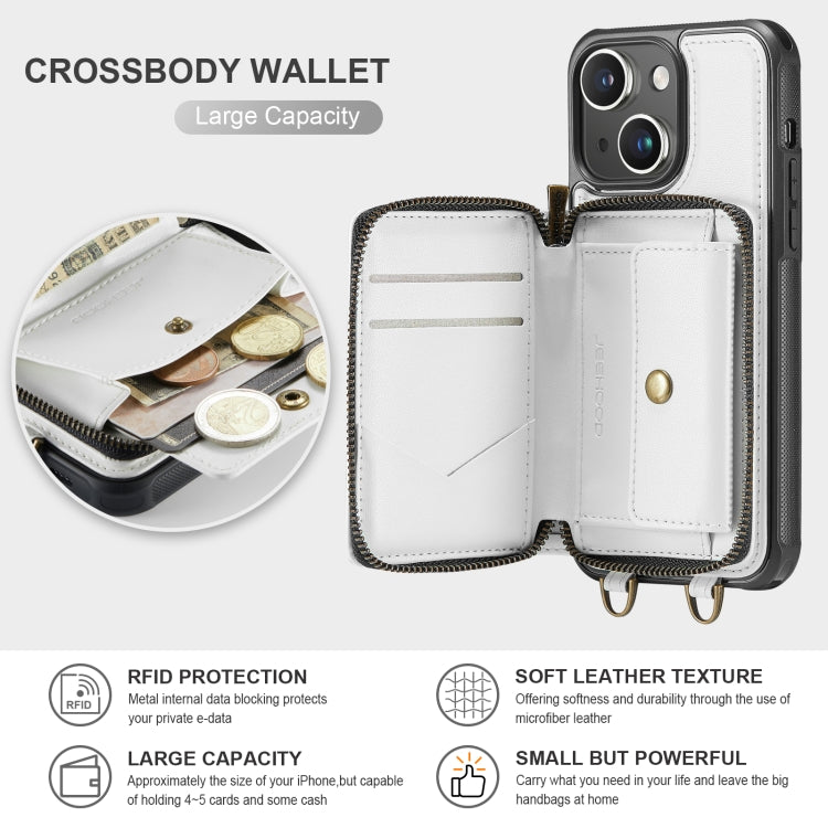 For iPhone 15 JEEHOOD C22 Series Zipper Wallet Leather Phone Case with Dual Lanyard(White) - iPhone 15 Cases by JEEHOOD | Online Shopping UK | buy2fix