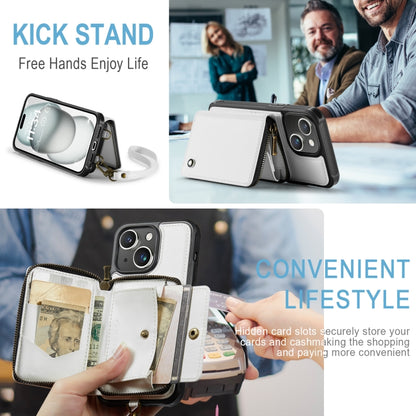 For iPhone 15 JEEHOOD C22 Series Zipper Wallet Leather Phone Case with Dual Lanyard(White) - iPhone 15 Cases by JEEHOOD | Online Shopping UK | buy2fix