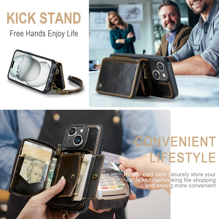 For iPhone 15 JEEHOOD C22 Series Zipper Wallet Leather Phone Case with Dual Lanyard(Coffee) - iPhone 15 Cases by JEEHOOD | Online Shopping UK | buy2fix