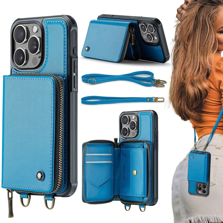 For iPhone 16 Pro Max JEEHOOD C22 Series Zipper Wallet Leather Phone Case with Dual Lanyard(Blue) by JEEHOOD
