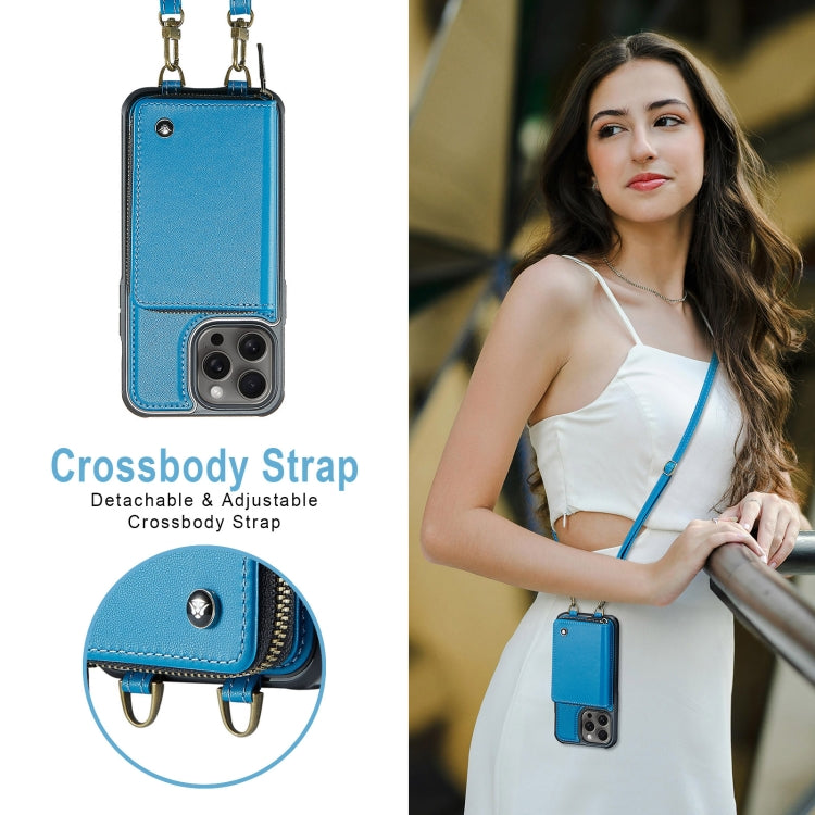 For iPhone 16 Pro Max JEEHOOD C22 Series Zipper Wallet Leather Phone Case with Dual Lanyard(Blue) by JEEHOOD