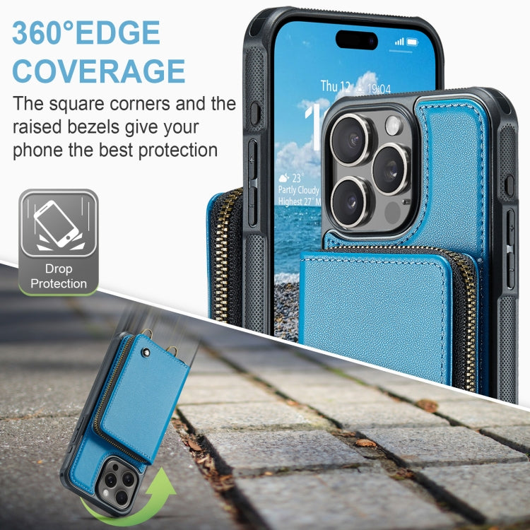 For iPhone 16 Pro Max JEEHOOD C22 Series Zipper Wallet Leather Phone Case with Dual Lanyard(Blue) by JEEHOOD