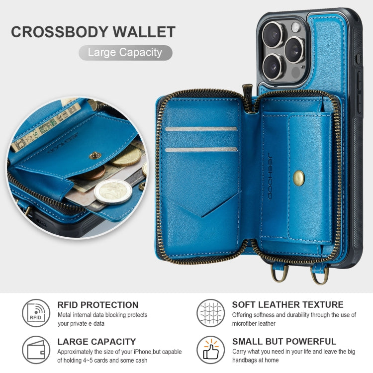 For iPhone 16 Pro Max JEEHOOD C22 Series Zipper Wallet Leather Phone Case with Dual Lanyard(Blue) by JEEHOOD