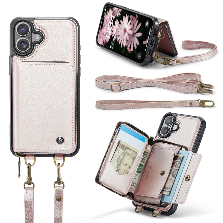 For iPhone 16 Plus JEEHOOD C22 Series Zipper Wallet Leather Phone Case with Dual Lanyard(Rose Gold) - iPhone 16 Plus Cases by JEEHOOD | Online Shopping UK | buy2fix