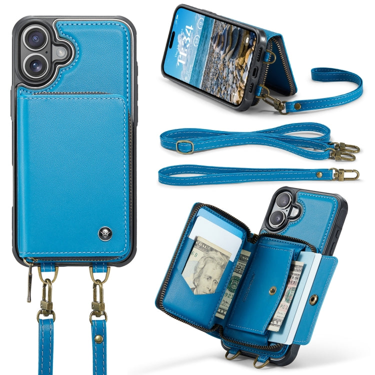 For iPhone 16 JEEHOOD C22 Series Zipper Wallet Leather Phone Case with Dual Lanyard(Blue) - iPhone 16 Cases by JEEHOOD | Online Shopping UK | buy2fix