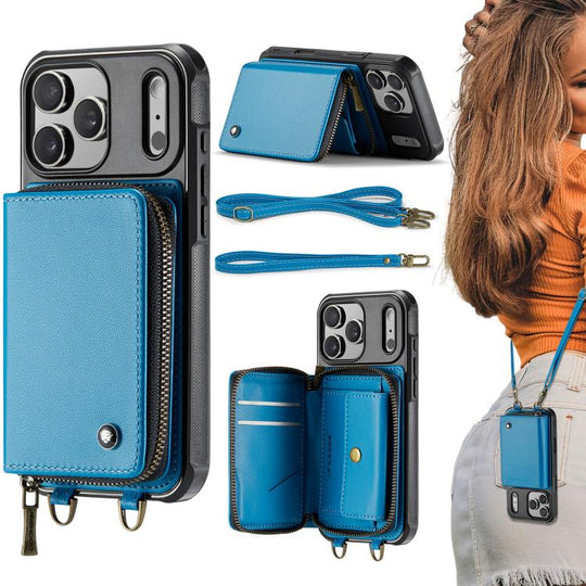 For iPhone 17 Pro Max JEEHOOD C22 Series Zipper Wallet Leather Phone Case with Dual Lanyard(Blue)