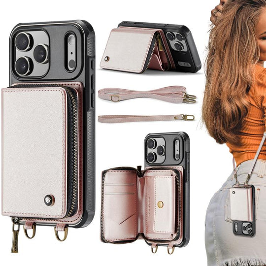 For iPhone 17 Pro Max JEEHOOD C22 Series Zipper Wallet Leather Phone Case with Dual Lanyard(Rose Gold)