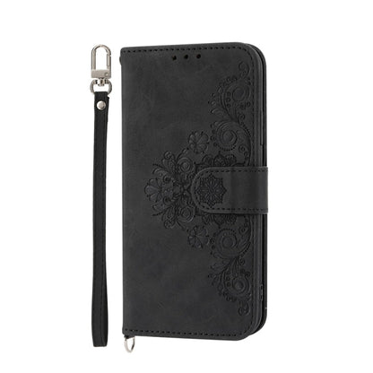 For iPhone 16 Pro Skin-feel Flowers Embossed Wallet Leather Phone Case(Black) - iPhone 16 Pro Cases by buy2fix | Online Shopping UK | buy2fix