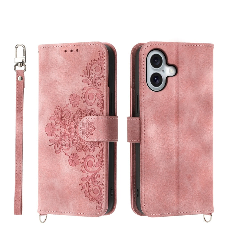 For iPhone 16 Skin-feel Flowers Embossed Wallet Leather Phone Case(Pink) - iPhone 16 Cases by buy2fix | Online Shopping UK | buy2fix